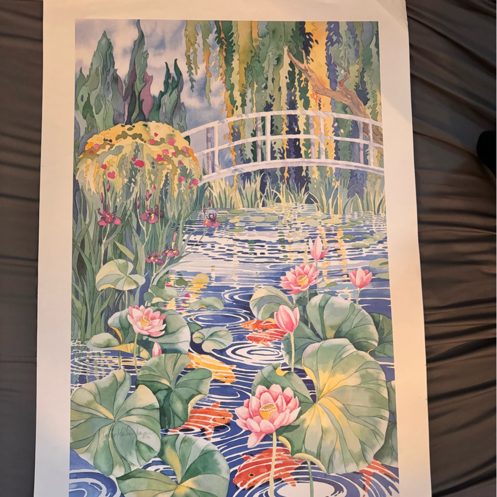 Colorful Water Lily Art vintage print signed by artist